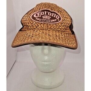 Corona Mexico Ball Cap Wicker Straw Front and Bill Adj Strap Back Net Material